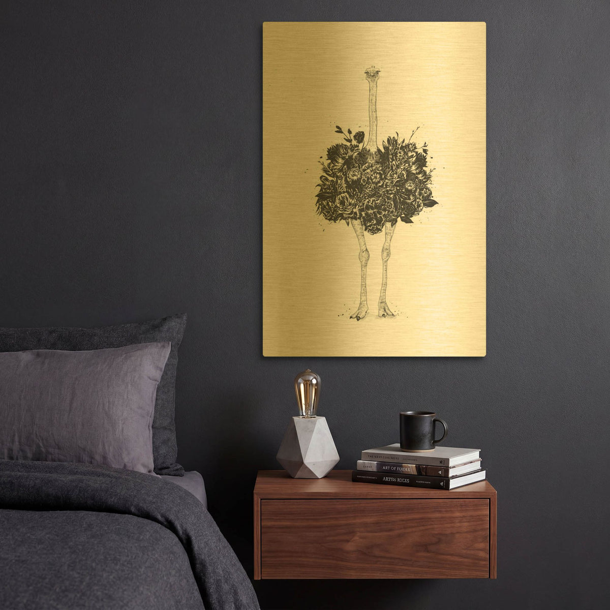 'Floral Ostrich' By Balazs Solti Gold Metal Wall Art