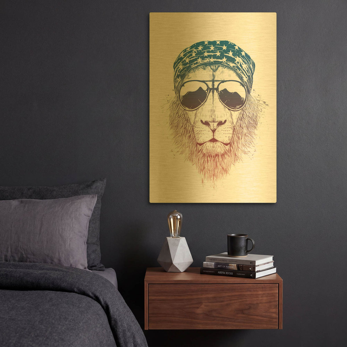 'Wild Lion' By Balazs Solti Gold Metal Wall Art