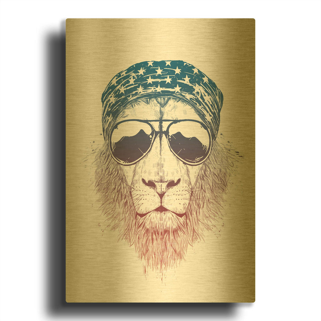 'Wild Lion' By Balazs Solti Gold Metal Wall Art