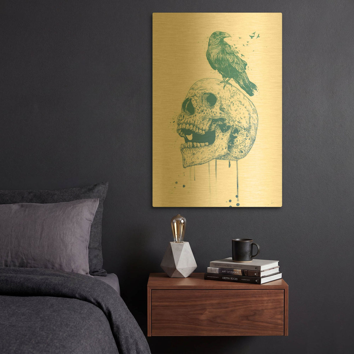 'New Skull, Blue' By Balazs Solti Gold Metal Wall Art