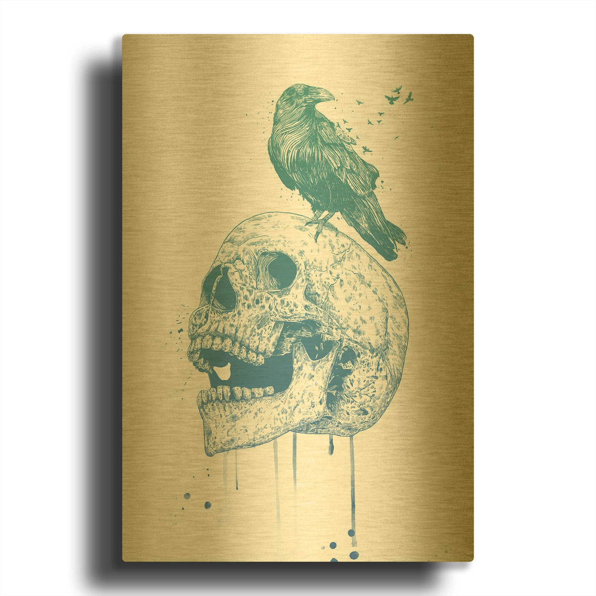 'New Skull, Blue' By Balazs Solti Gold Metal Wall Art