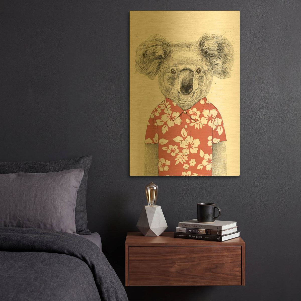 'Summer Koala, Red' By Balazs Solti Gold Metal Wall Art