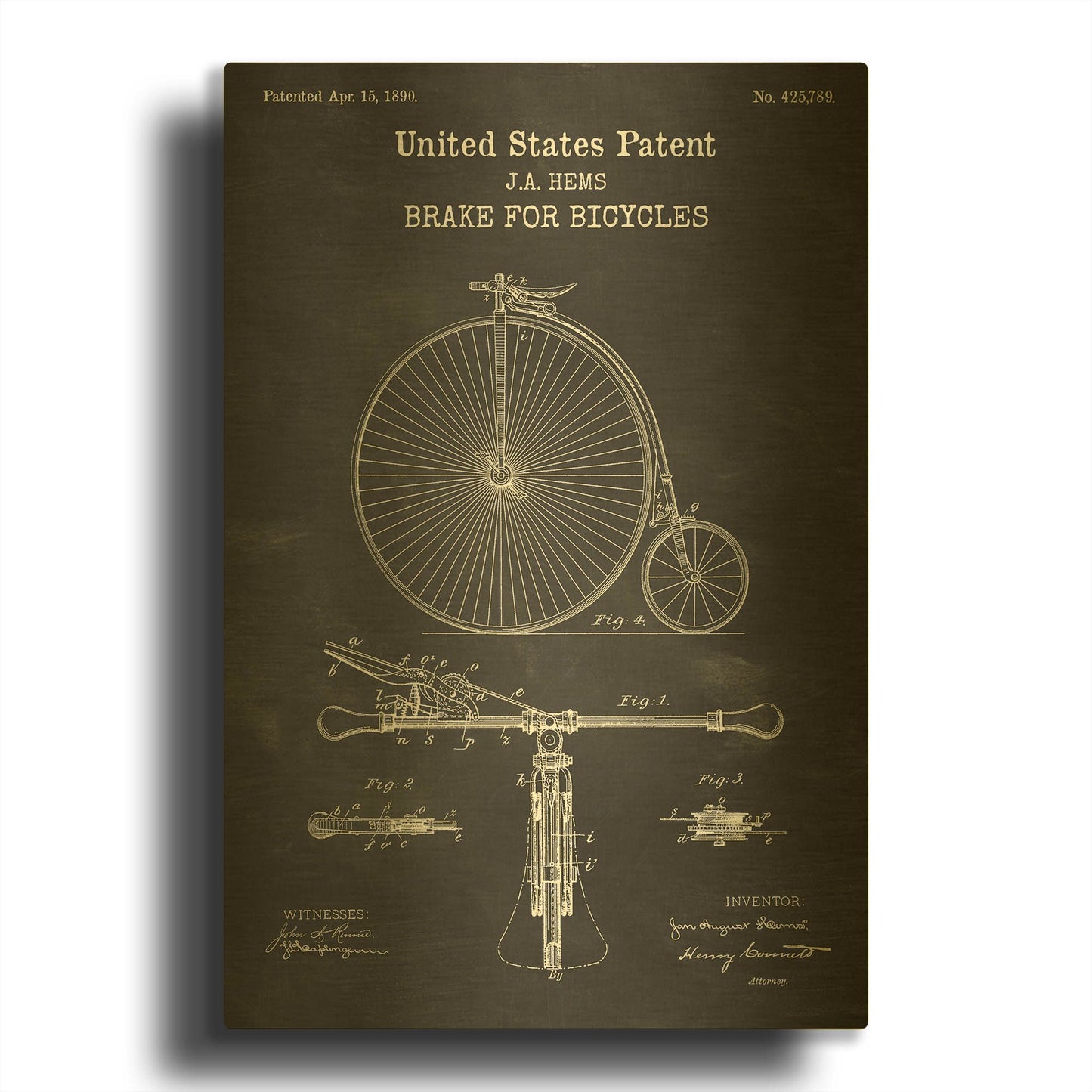 'Brake for Vintage Bicycle Blueprint Patent Chalkboard' By LUXE Gold Metal Wall Art