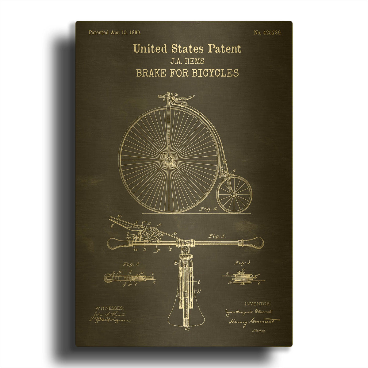 'Brake for Vintage Bicycle Blueprint Patent Chalkboard' By LUXE Gold Metal Wall Art