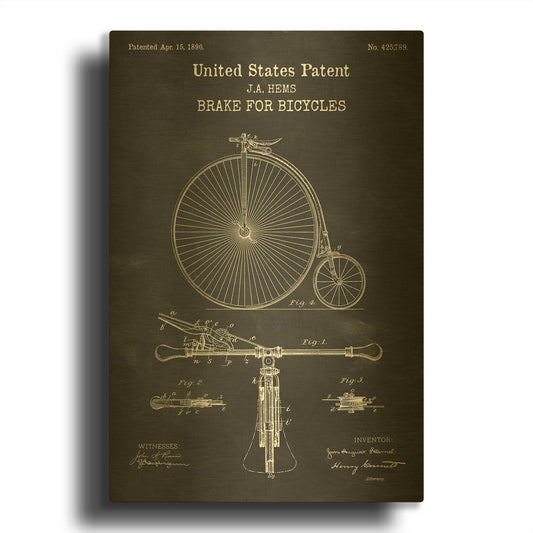 'Brake for Vintage Bicycle Blueprint Patent Chalkboard' By LUXE Gold Metal Wall Art