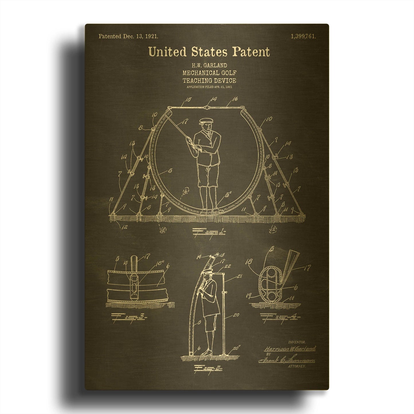 'Golf Teaching Device Blueprint Patent Chalkboard' By LUXE Gold Metal Wall Art