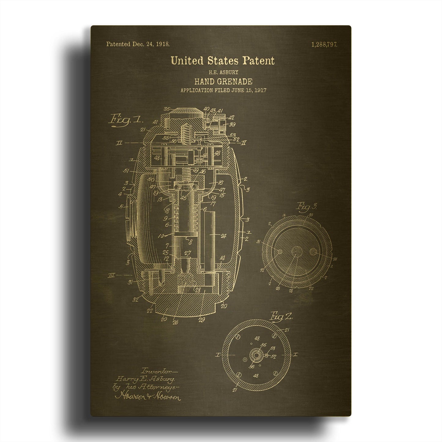 'Hand Grenade Blueprint Patent Chalkboard' By LUXE Gold Metal Wall Art