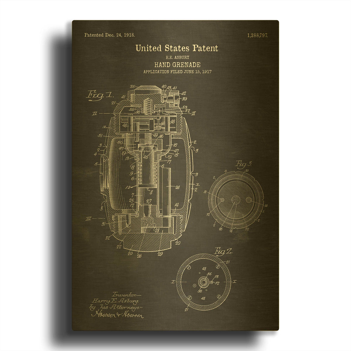 'Hand Grenade Blueprint Patent Chalkboard' By LUXE Gold Metal Wall Art