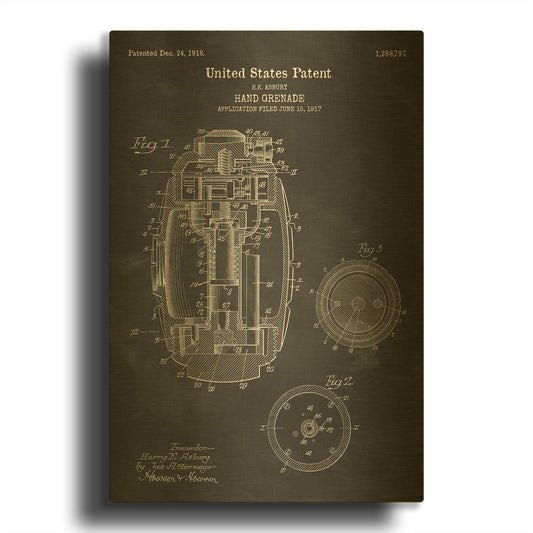 'Hand Grenade Blueprint Patent Chalkboard' By LUXE Gold Metal Wall Art