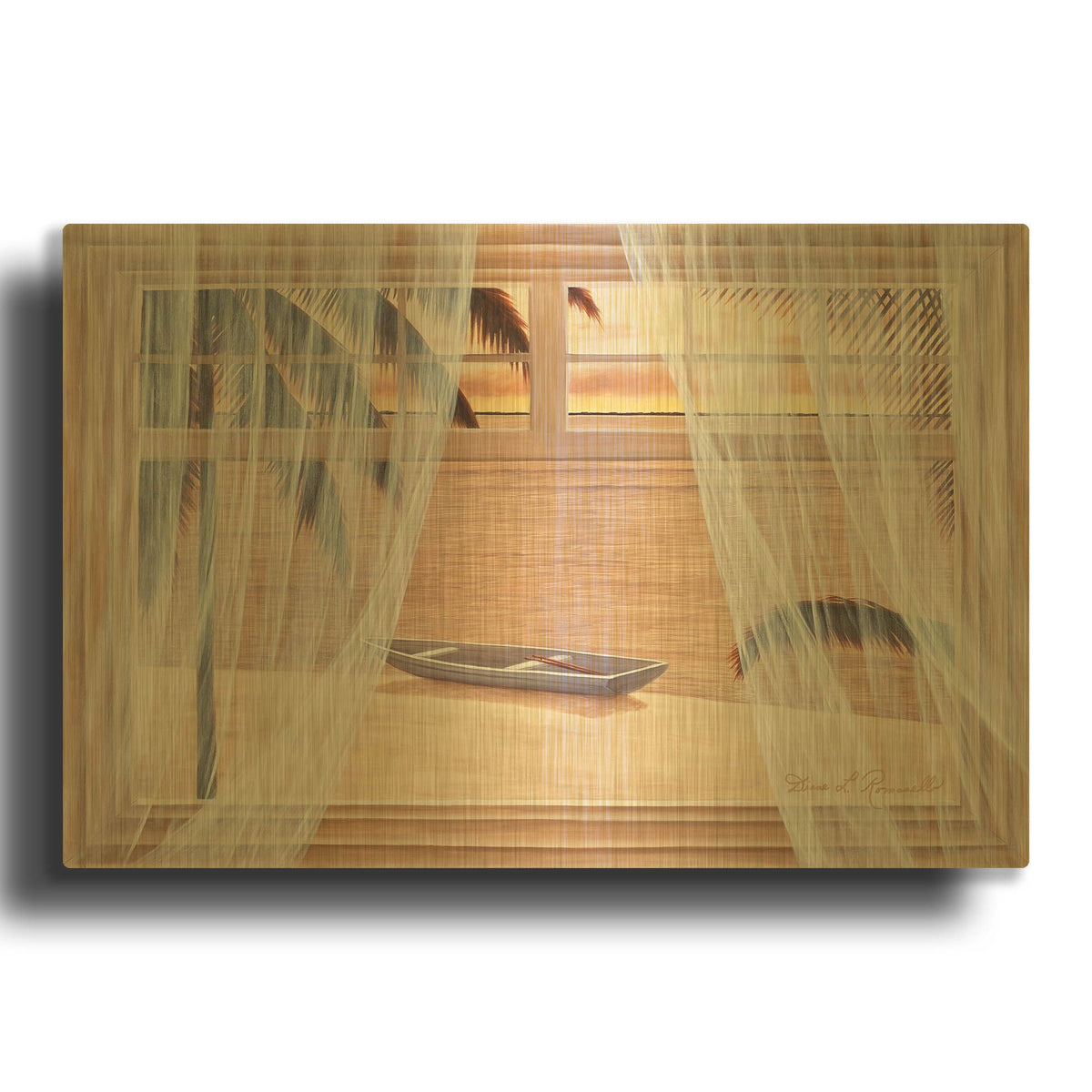 'Amber Palms with Window' By Diane Romanello Gold Metal Wall Art