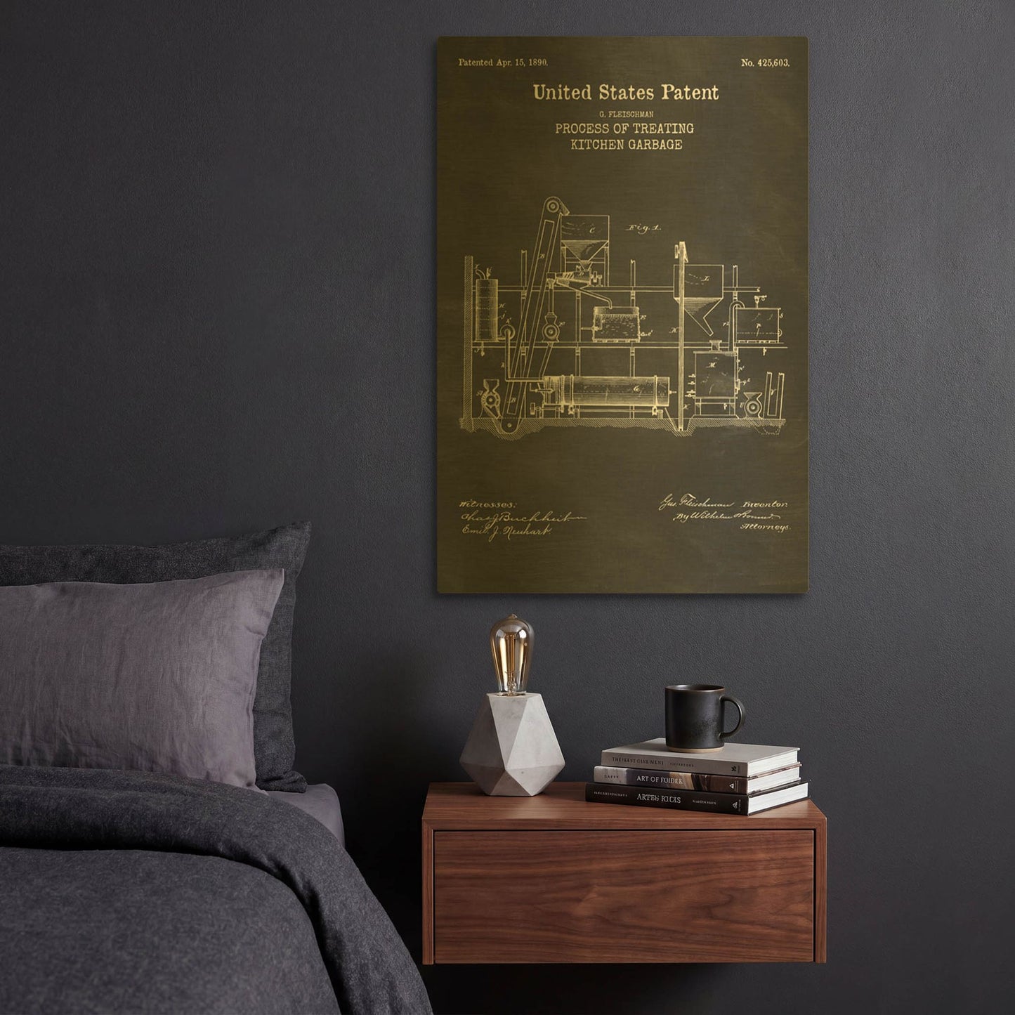 'Kitchen Garbage Recycler Blueprint Patent Chalkboard' By LUXE Gold Metal Wall Art