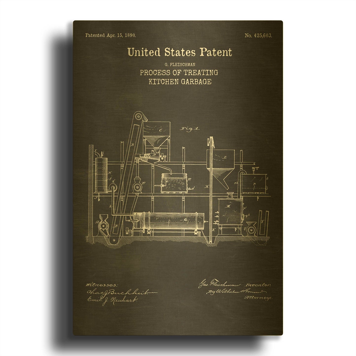 'Kitchen Garbage Recycler Blueprint Patent Chalkboard' By LUXE Gold Metal Wall Art