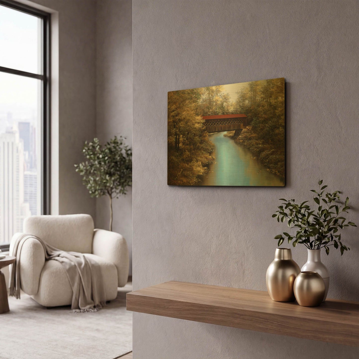 'R755D - Covered Bridge' By Diane Romanello Gold Metal Wall Art