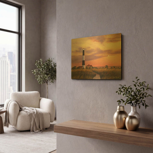'R759D - Fire Island Lighthouse' By Diane Romanello Gold Metal Wall Art