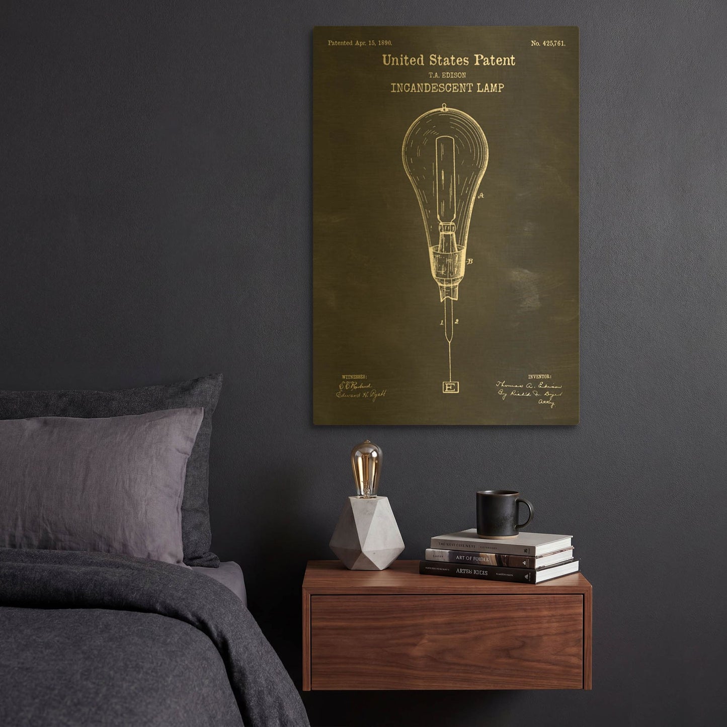 'Incandescent Lamp Blueprint Patent Chalkboard' By LUXE Gold Metal Wall Art