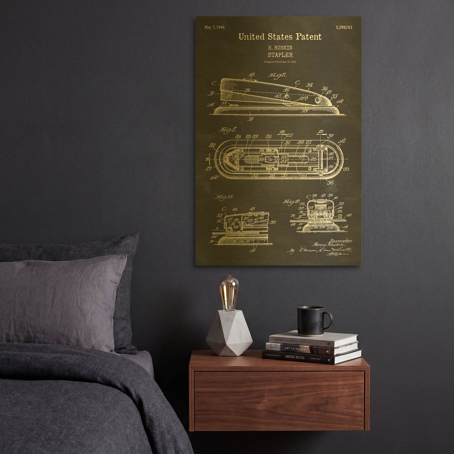 'Stapler Blueprint Patent Chalkboard' By LUXE Gold Metal Wall Art