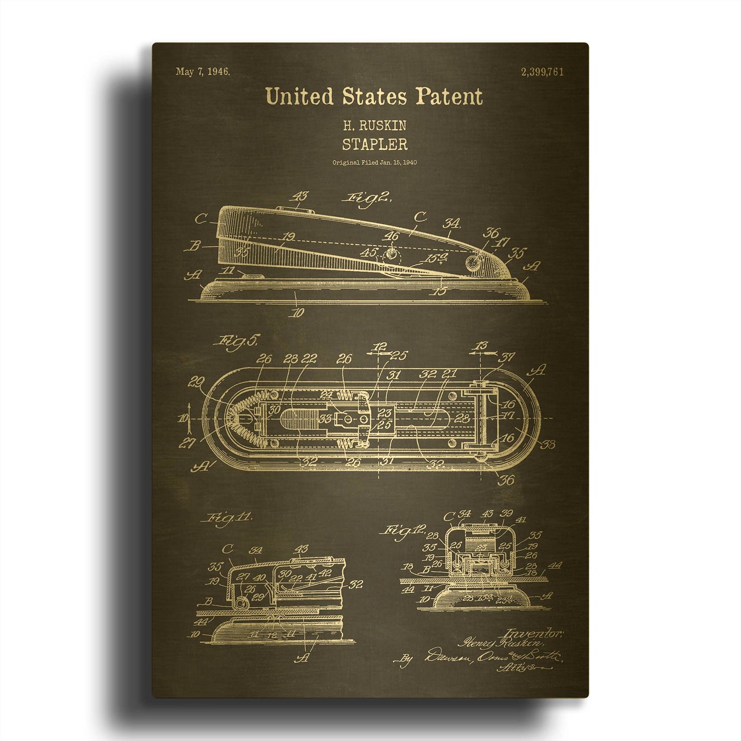 'Stapler Blueprint Patent Chalkboard' By LUXE Gold Metal Wall Art
