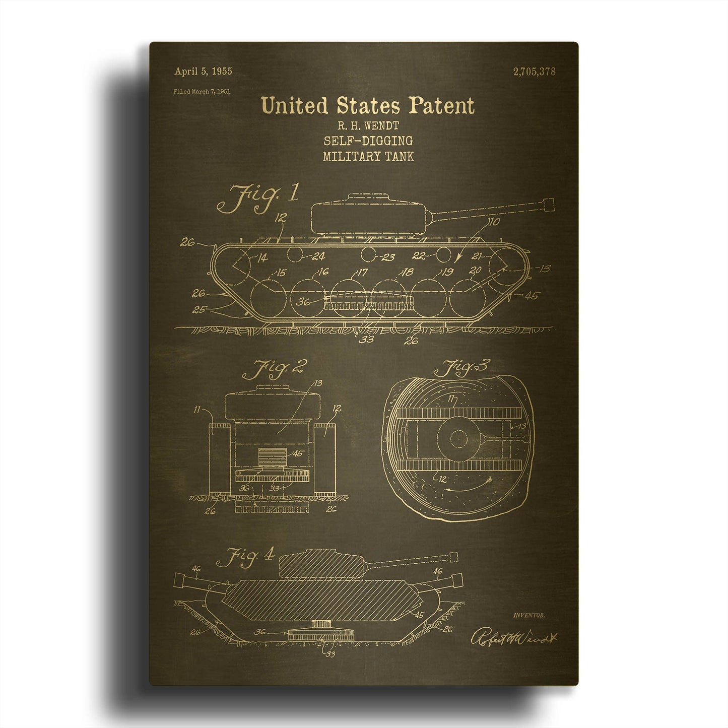 'Self-Digging Military Tank Blueprint Patent Chalkboard' By LUXE Gold Metal Wall Art