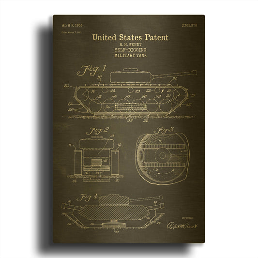 'Self-Digging Military Tank Blueprint Patent Chalkboard' By LUXE Gold Metal Wall Art