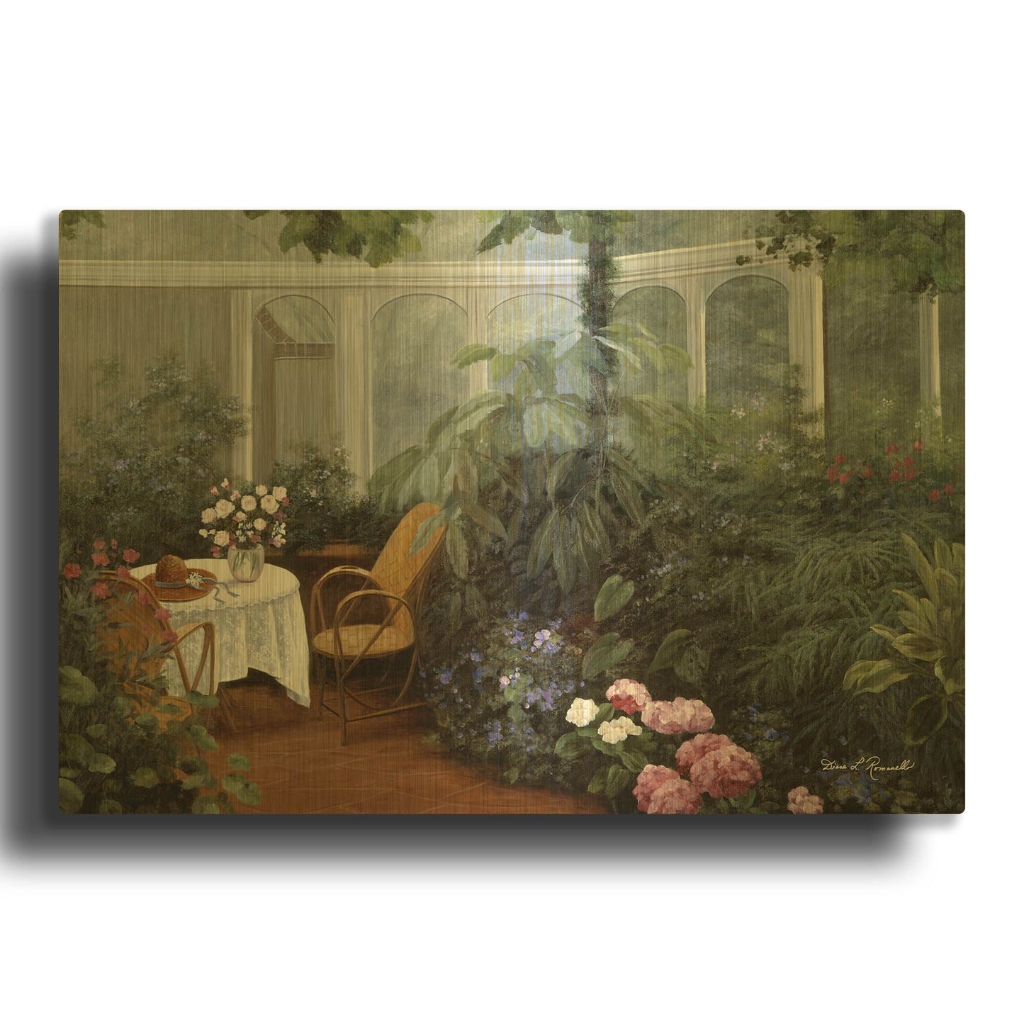 'R852D - Garden and Tea Room' By Diane Romanello Gold Metal Wall Art