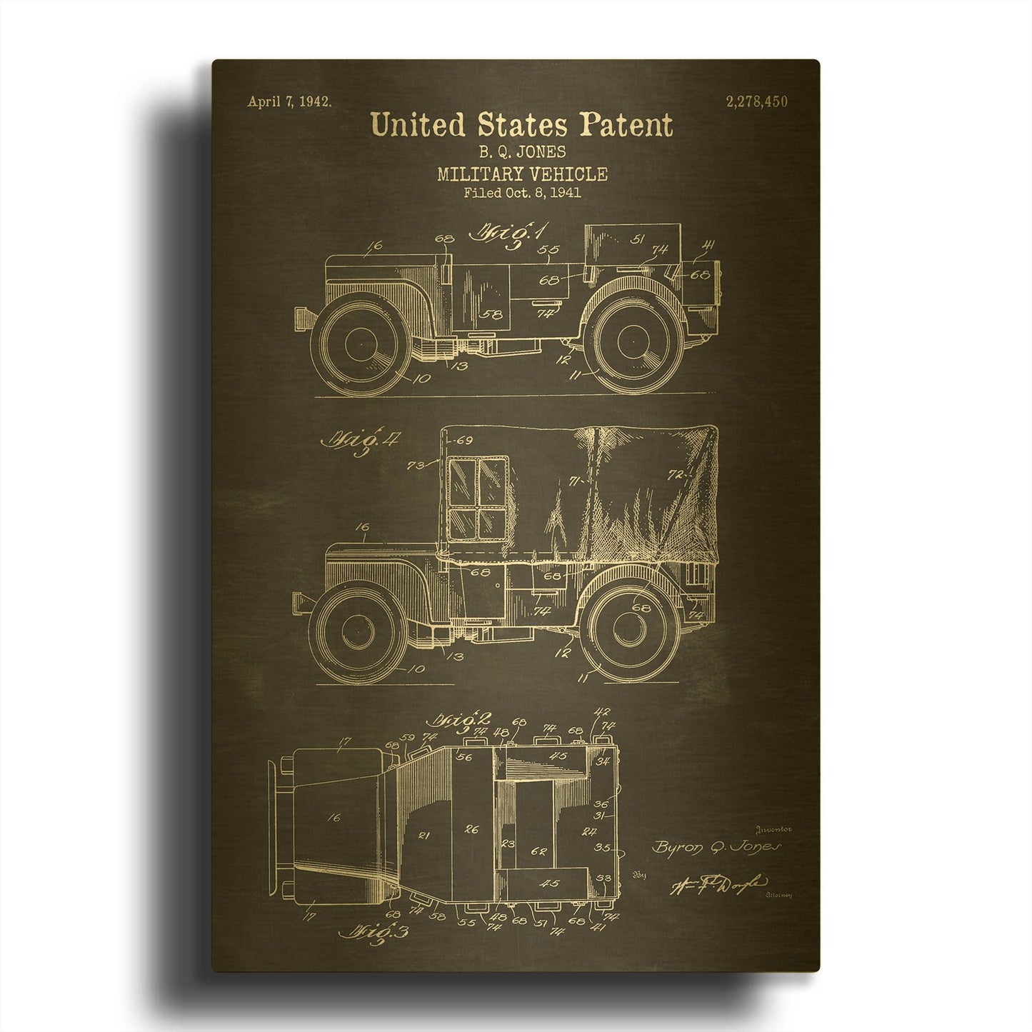 'Military Vehicle Blueprint Patent Chalkboard' By LUXE Gold Metal Wall Art