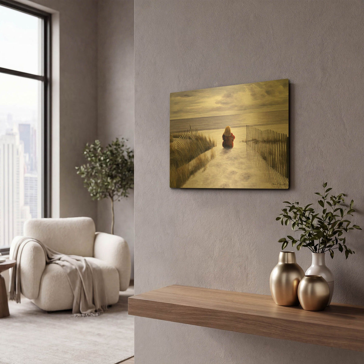 'R1104D - Girl on the Beach' By Diane Romanello Gold Metal Wall Art