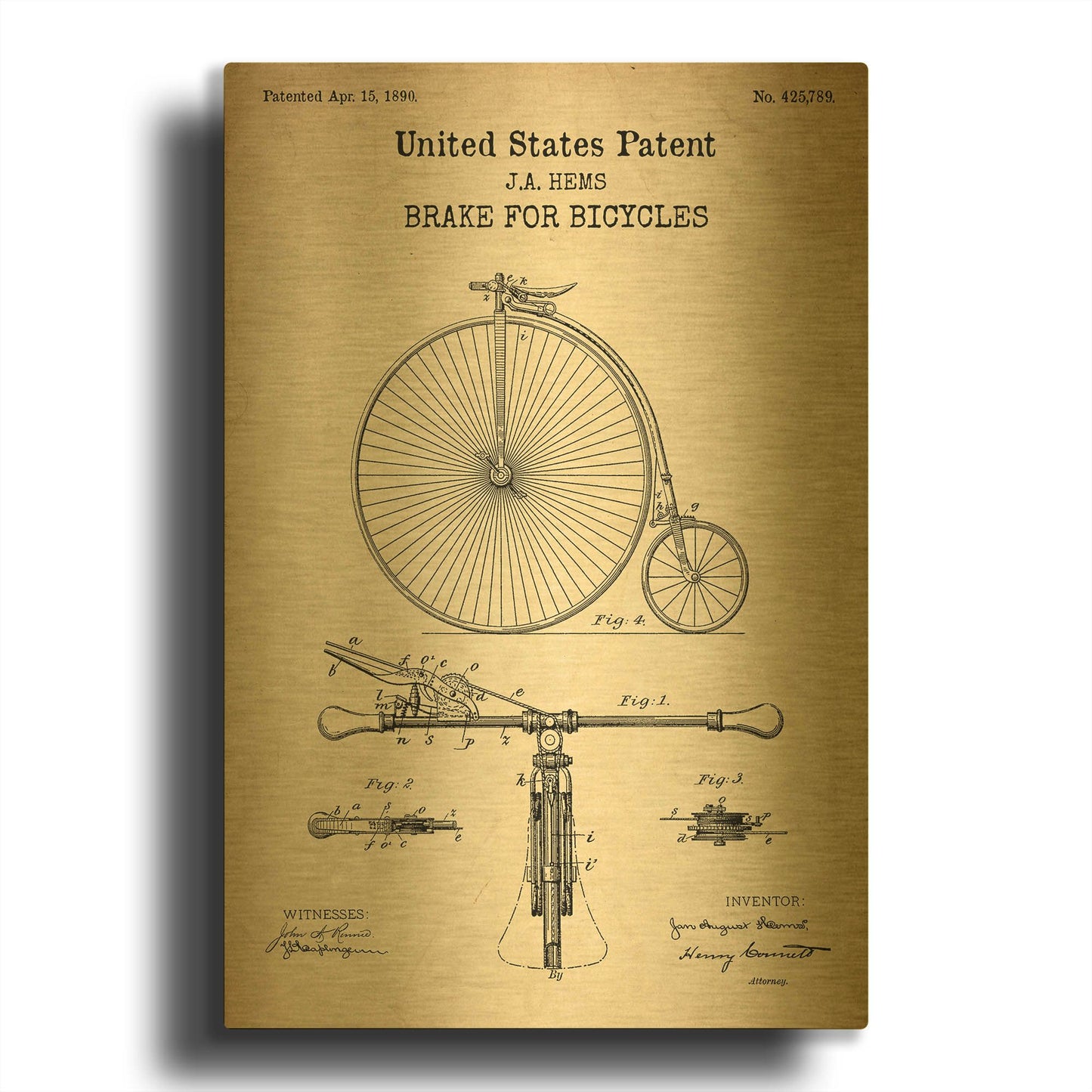 'Brake for Vintage Bicycle Blueprint Patent Parchment' By LUXE Gold Metal Wall Art