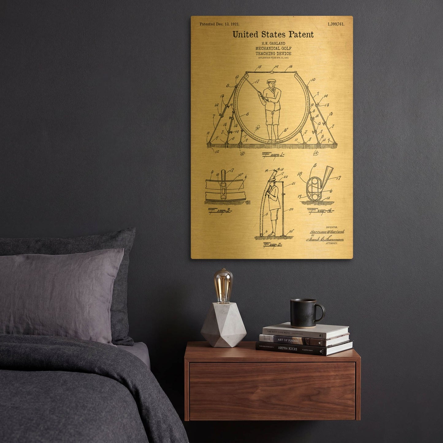 'Golf Teaching Device Blueprint Patent Parchment' By LUXE Gold Metal Wall Art
