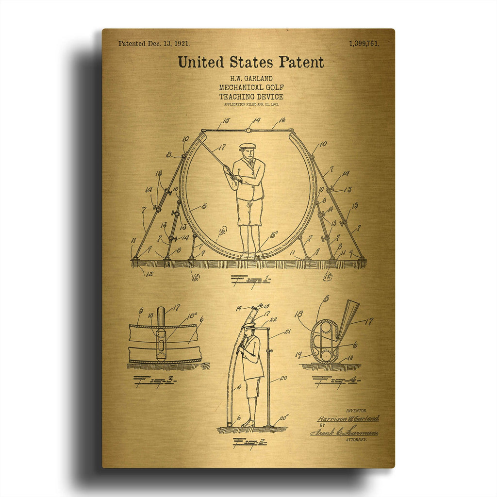 'Golf Teaching Device Blueprint Patent Parchment' By LUXE Gold Metal Wall Art