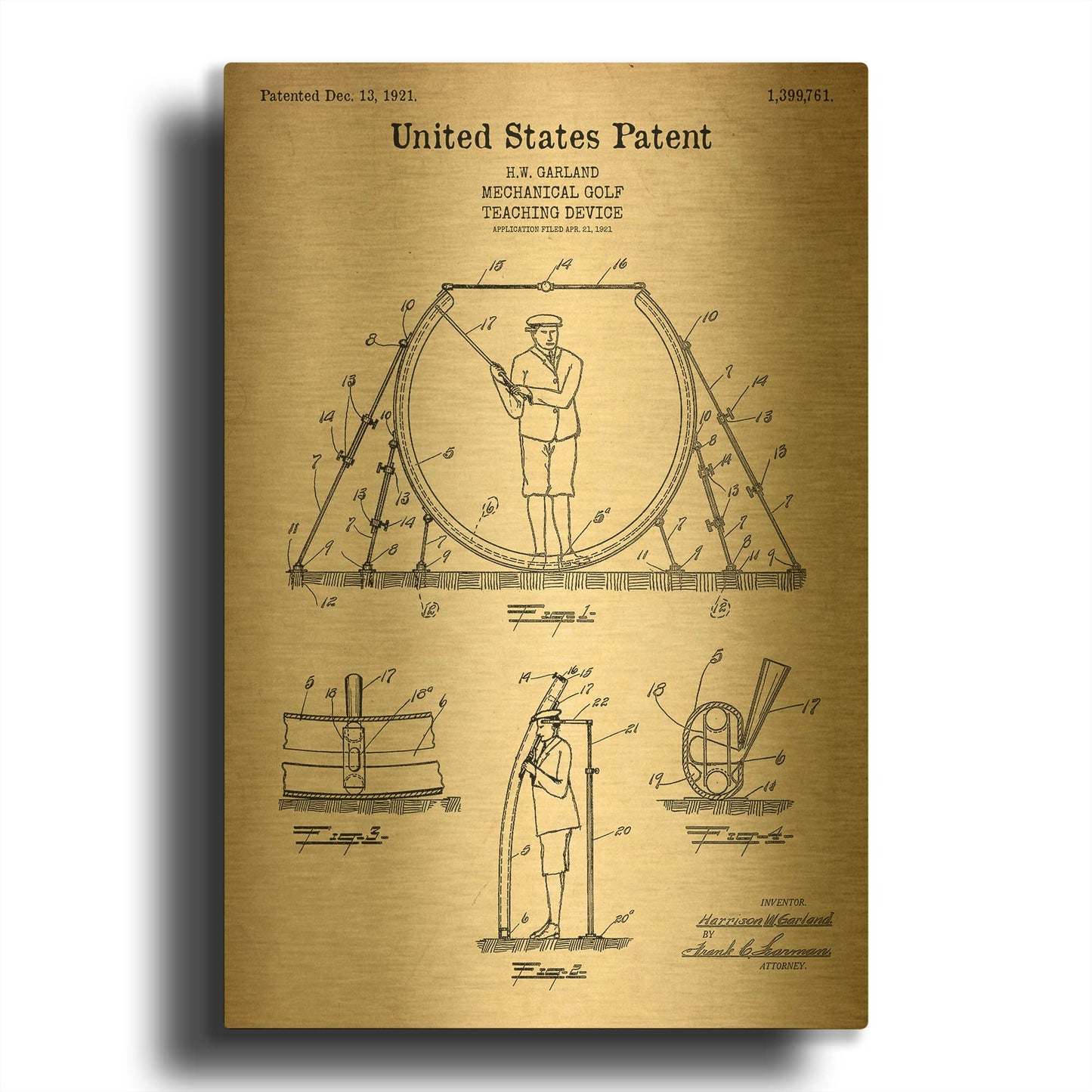 'Golf Teaching Device Blueprint Patent Parchment' By LUXE Gold Metal Wall Art