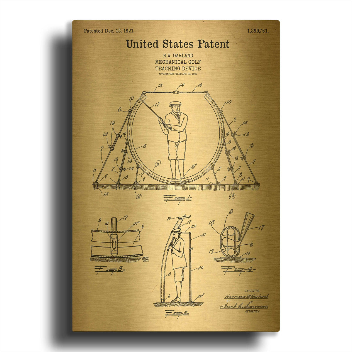 'Golf Teaching Device Blueprint Patent Parchment' By LUXE Gold Metal Wall Art