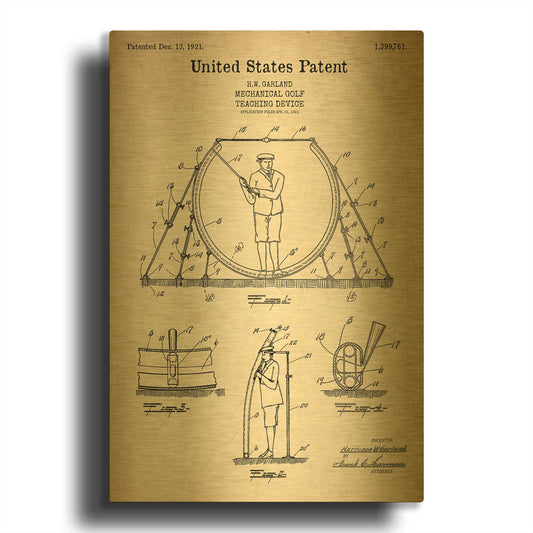 'Golf Teaching Device Blueprint Patent Parchment' By LUXE Gold Metal Wall Art
