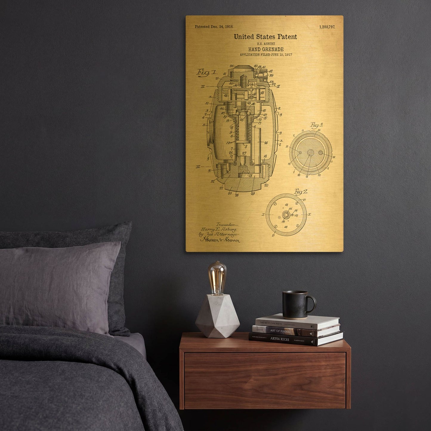 'Hand Grenade Blueprint Patent Parchment' By LUXE Gold Metal Wall Art