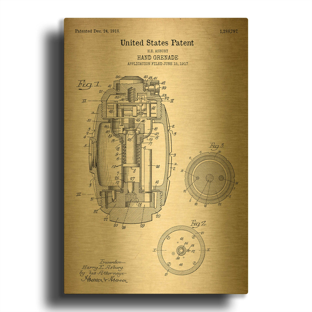 'Hand Grenade Blueprint Patent Parchment' By LUXE Gold Metal Wall Art