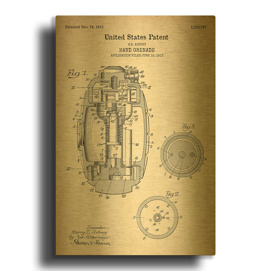 'Hand Grenade Blueprint Patent Parchment' By LUXE Gold Metal Wall Art