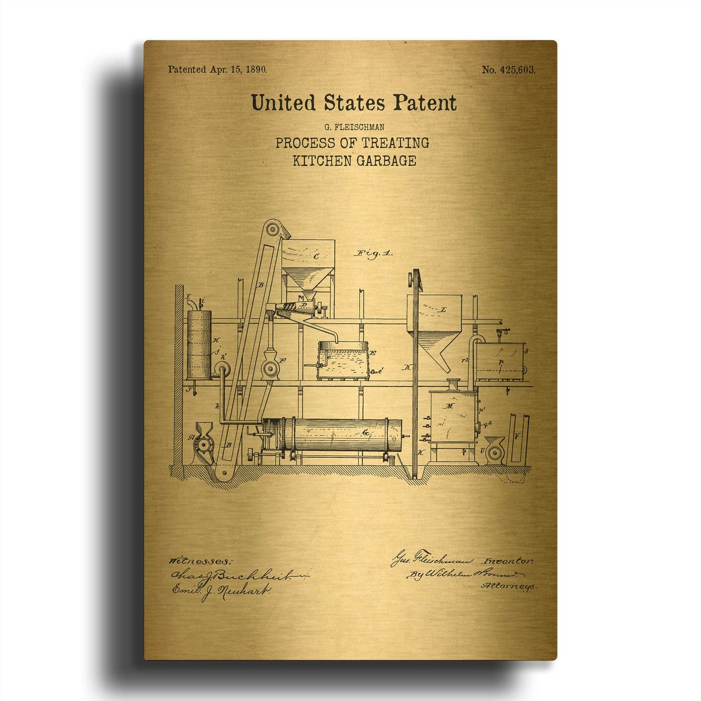 'Kitchen Garbage Blueprint Patent Parchment' By LUXE Gold Metal Wall Art