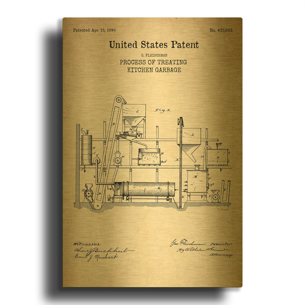 'Kitchen Garbage Blueprint Patent Parchment' By LUXE Gold Metal Wall Art