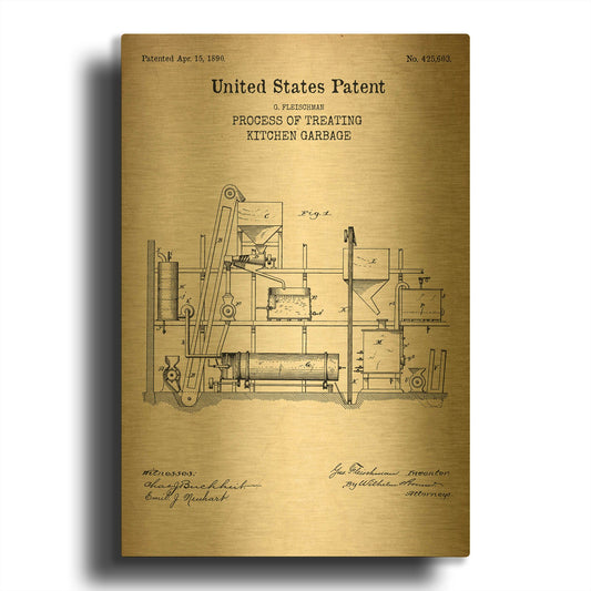 'Kitchen Garbage Blueprint Patent Parchment' By LUXE Gold Metal Wall Art