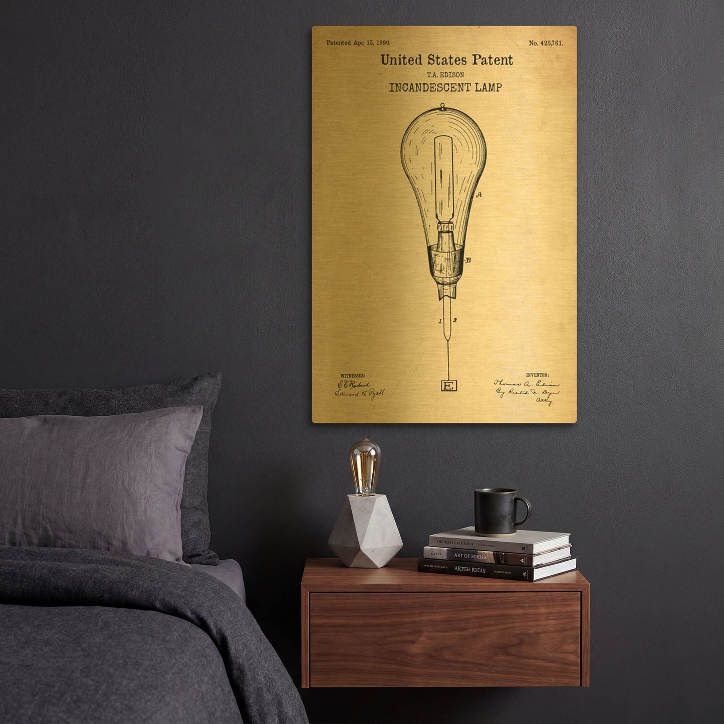 'Incandescent Lamp Blueprint Patent Parchment' By LUXE Gold Metal Wall Art