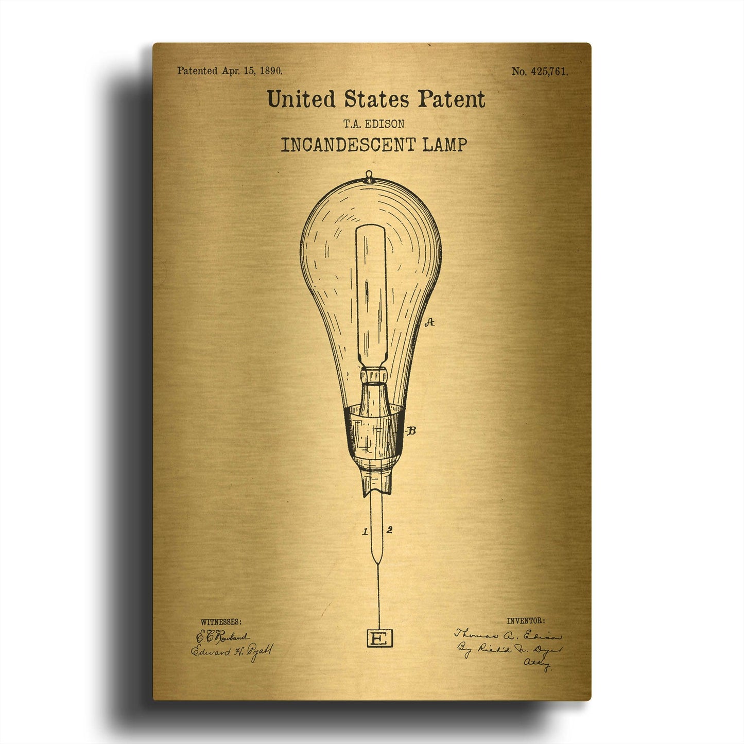 'Incandescent Lamp Blueprint Patent Parchment' By LUXE Gold Metal Wall Art