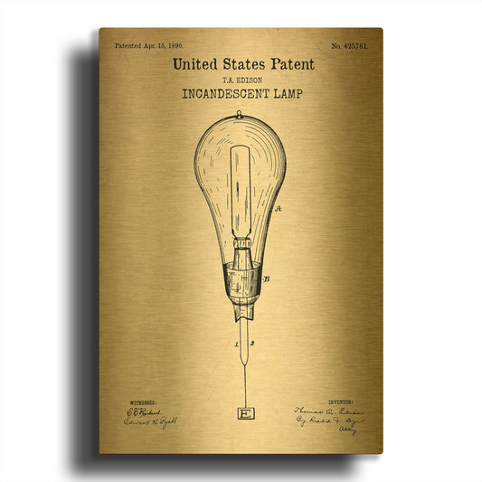 'Incandescent Lamp Blueprint Patent Parchment' By LUXE Gold Metal Wall Art