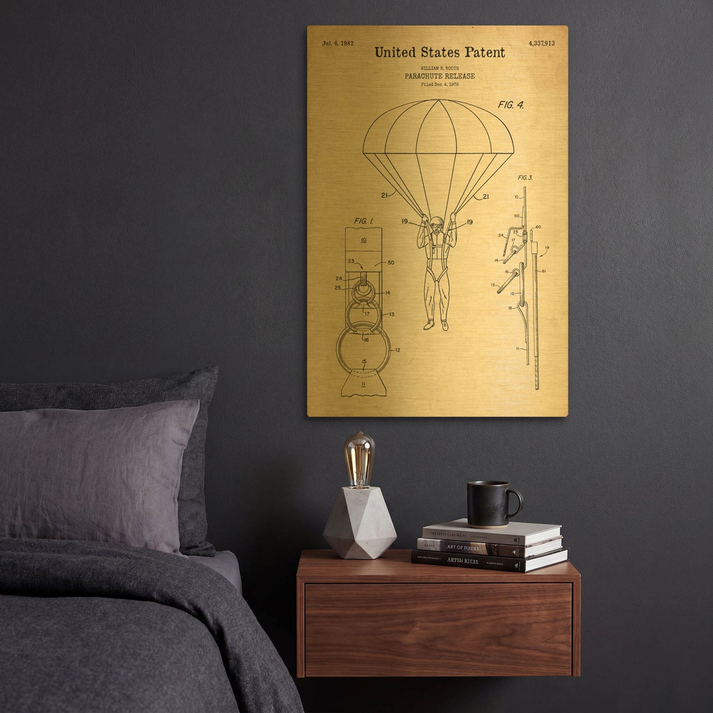 'Parachute Release Blueprint Patent Parchment' By LUXE Gold Metal Wall Art