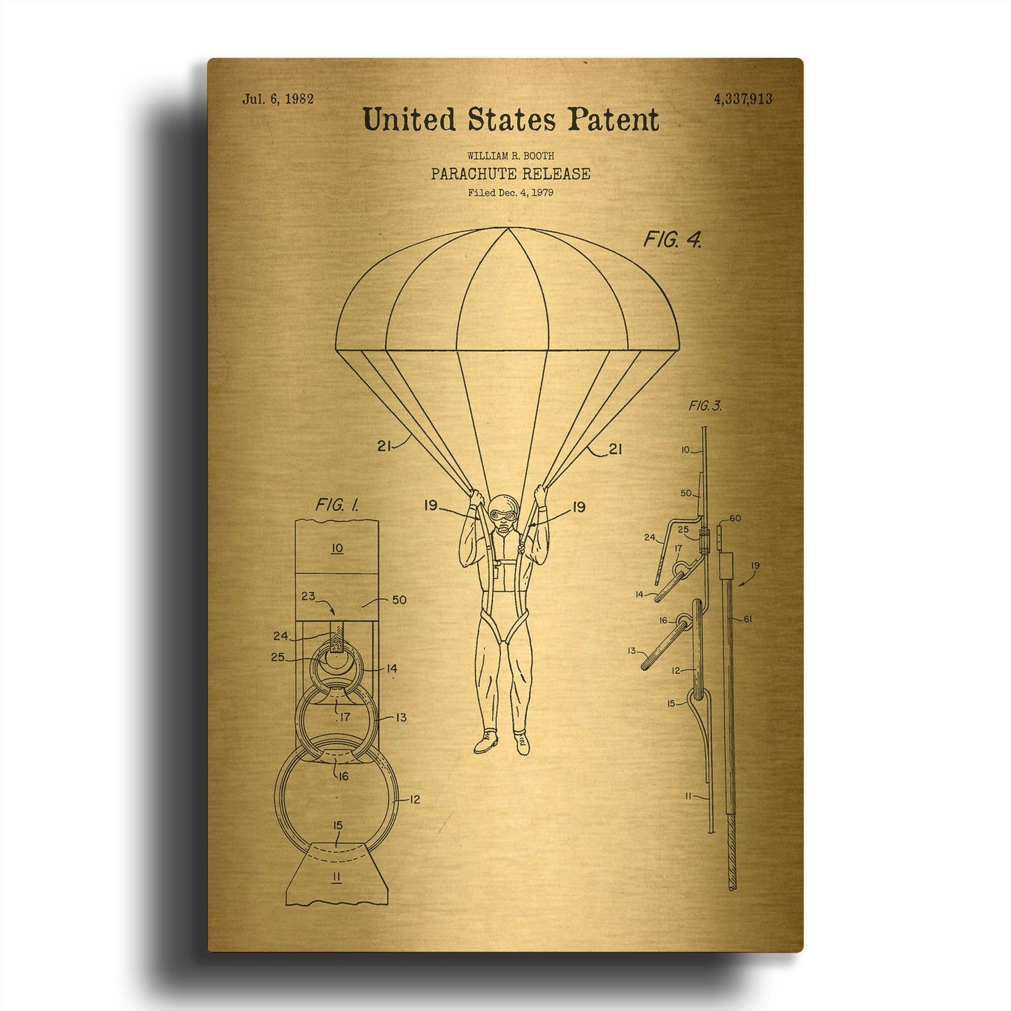 'Parachute Release Blueprint Patent Parchment' By LUXE Gold Metal Wall Art