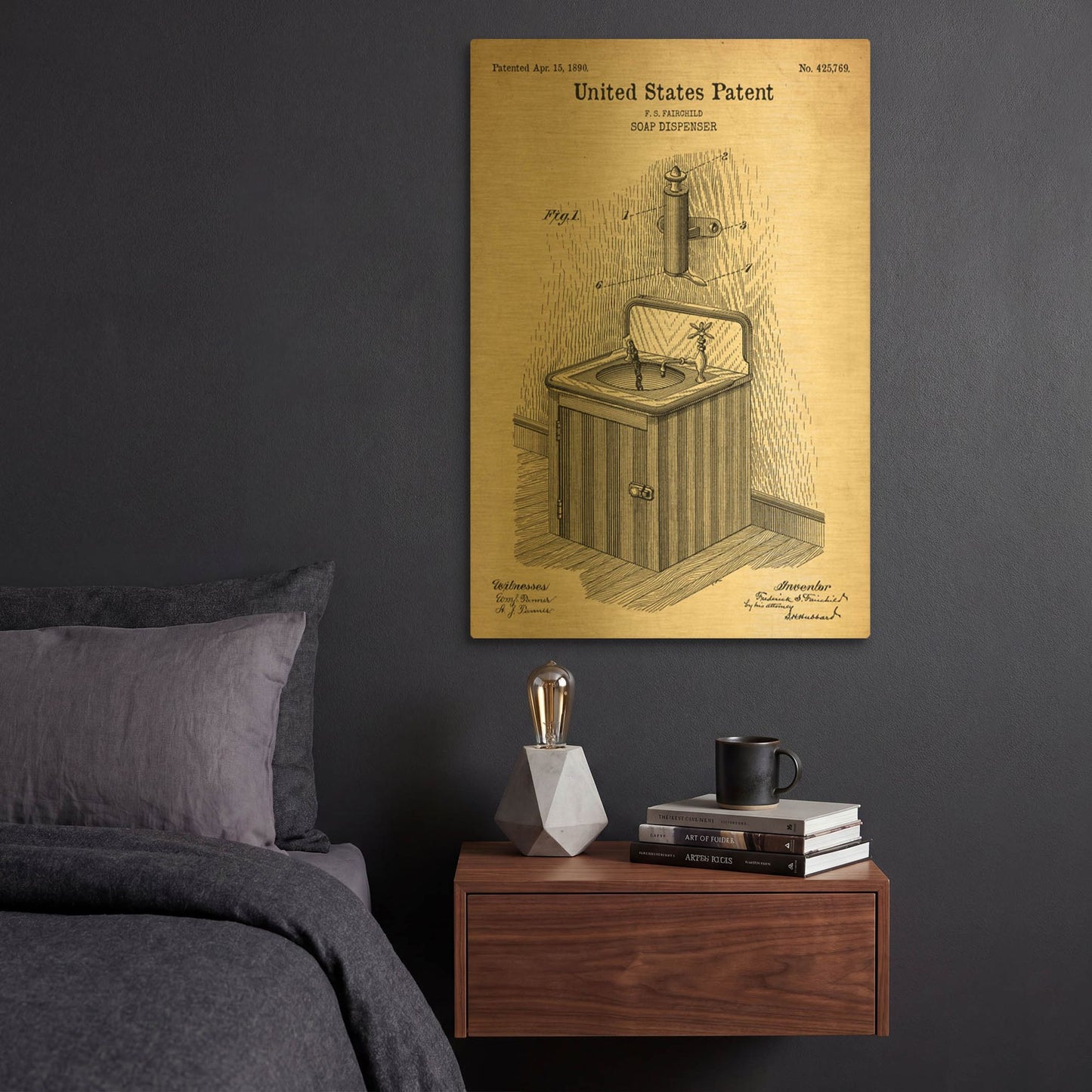 'Soap Dispenser Blueprint Patent Parchment' By LUXE Gold Metal Wall Art