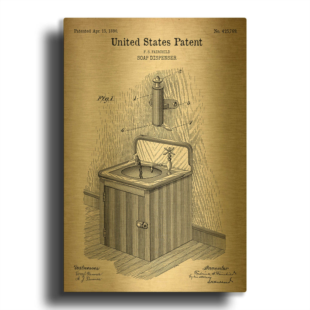 'Soap Dispenser Blueprint Patent Parchment' By LUXE Gold Metal Wall Art
