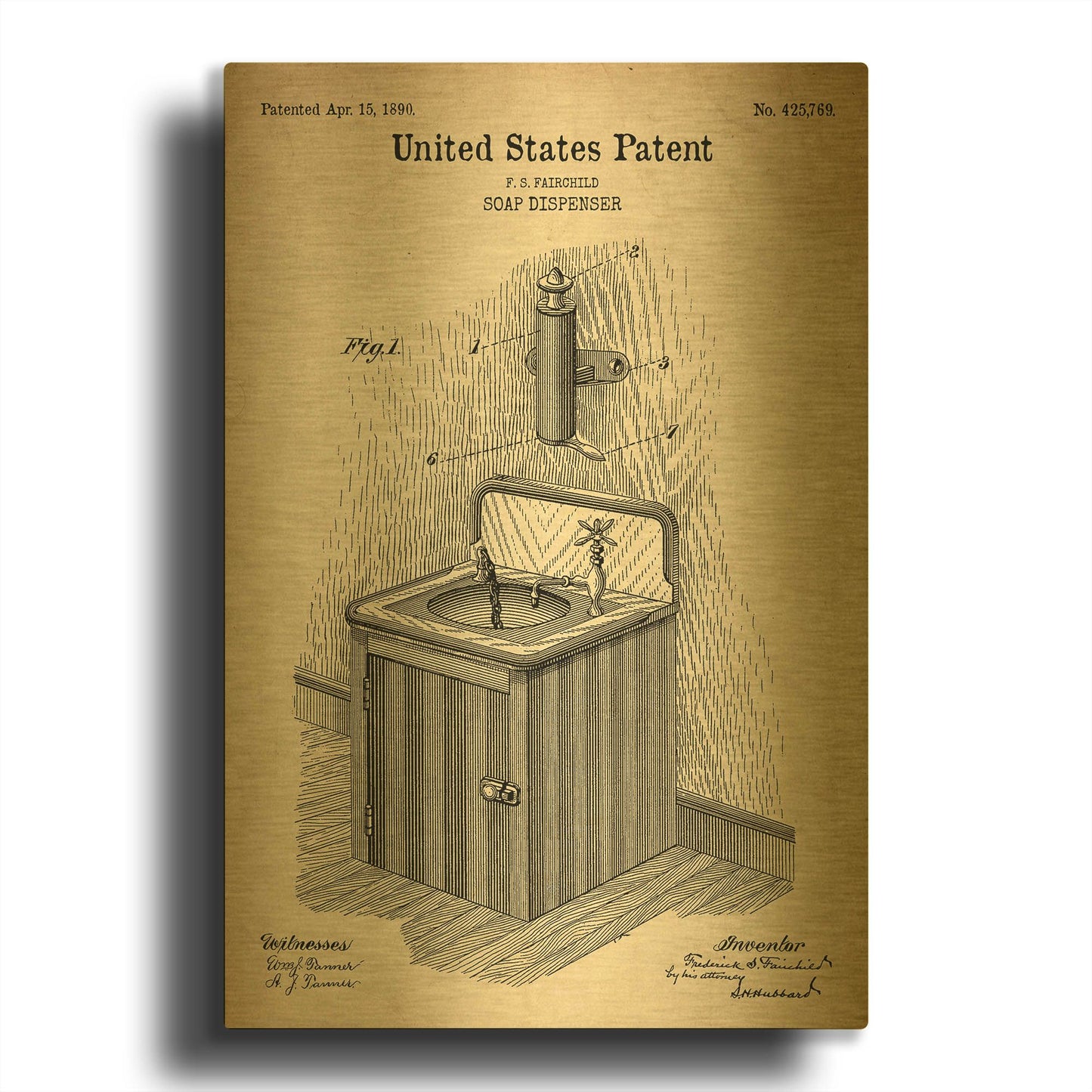 'Soap Dispenser Blueprint Patent Parchment' By LUXE Gold Metal Wall Art
