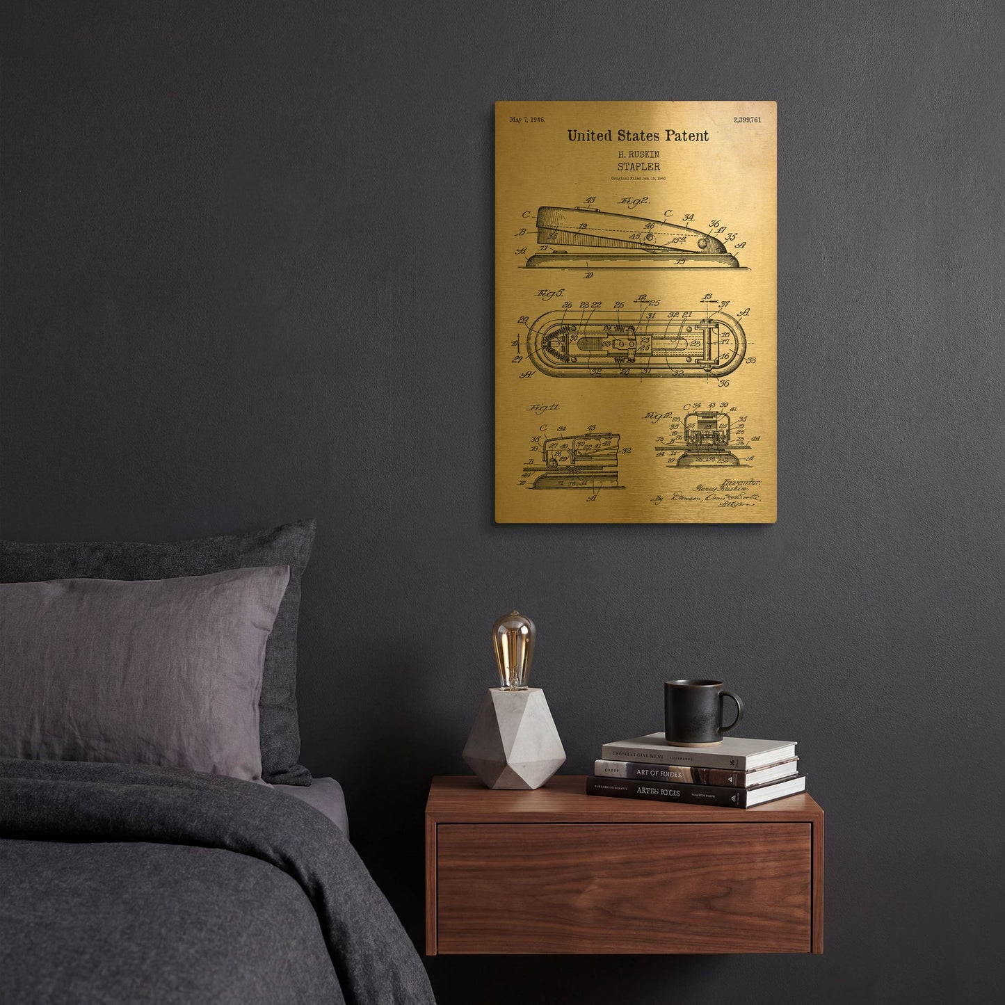 'Stapler Blueprint Patent Parchment' By LUXE Gold Metal Wall Art