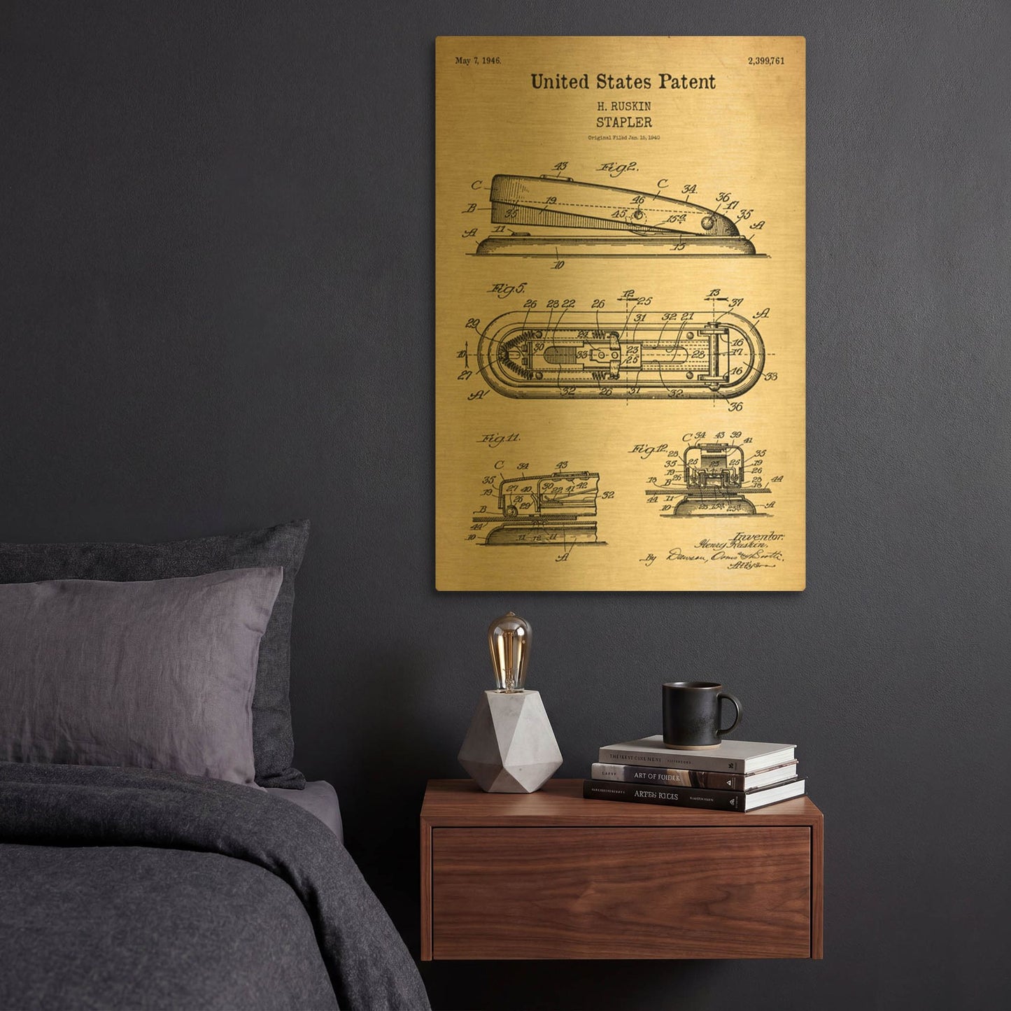 'Stapler Blueprint Patent Parchment' By LUXE Gold Metal Wall Art