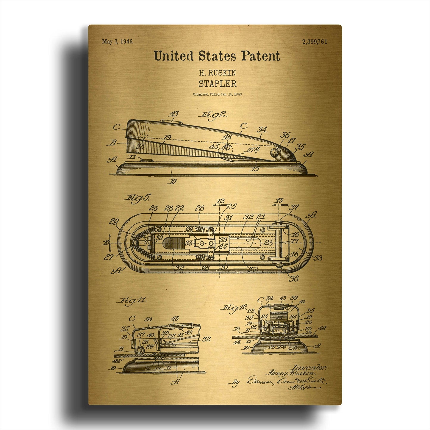 'Stapler Blueprint Patent Parchment' By LUXE Gold Metal Wall Art