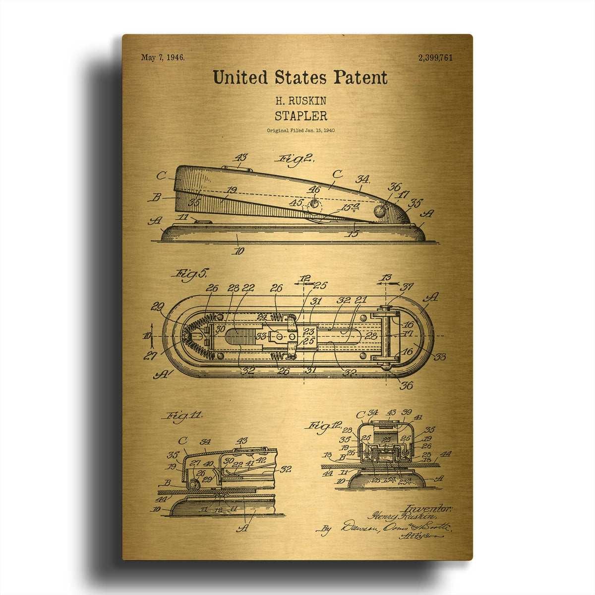 'Stapler Blueprint Patent Parchment' By LUXE Gold Metal Wall Art